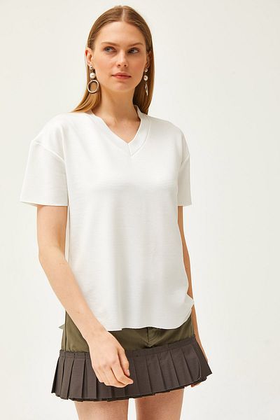 Olalook Women's Ecru V-Neck Bottom Oval Modal Button T-Shirt TSH-19000804