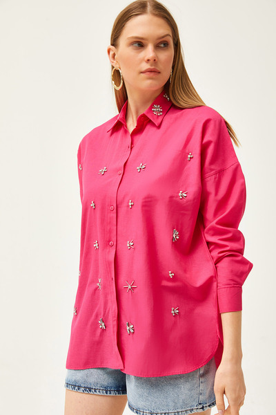 Olalook Γυναικείο πουκάμισο με φούξια γιακά και κοσμήματα εμπρός έξι οβάλ υφαντό πουκάμισο GML-19001149
