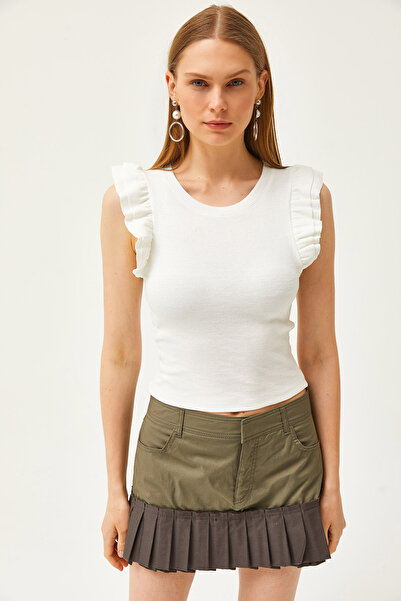 Olalook Women's Ecru Double Layer Frilly Lycra Crop Cotton Blouse BLZ-19002600