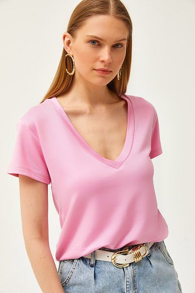 Olalook Női Candy Pink Mély V nyakú, modális gombos póló TSH-19000773