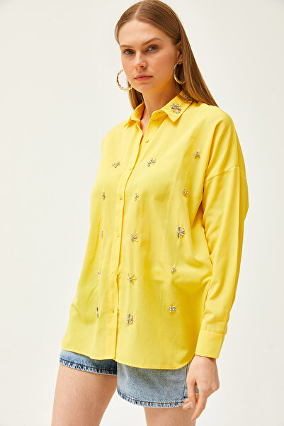 Olalook Női sárga galléros és ékköves elülső hat ovális szőtt ing GML-19001149