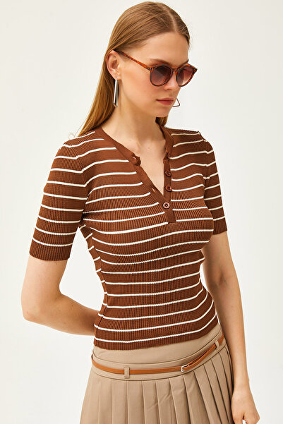 Olalook Γυναικεία πλεκτή μπλούζα Bitter Brown με 5 κουμπιά ριγέ BLZ-19002593