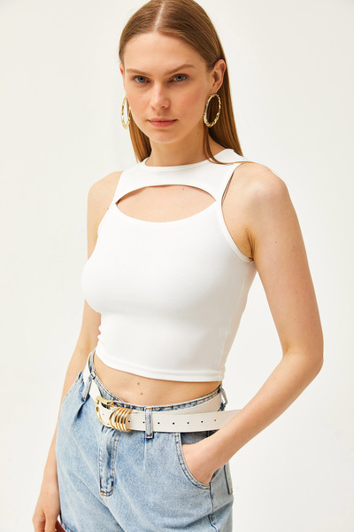 Olalook Women's Ecru Robe Low-cut Thin Corded Crop Ottoman Blouse BLZ-19002595