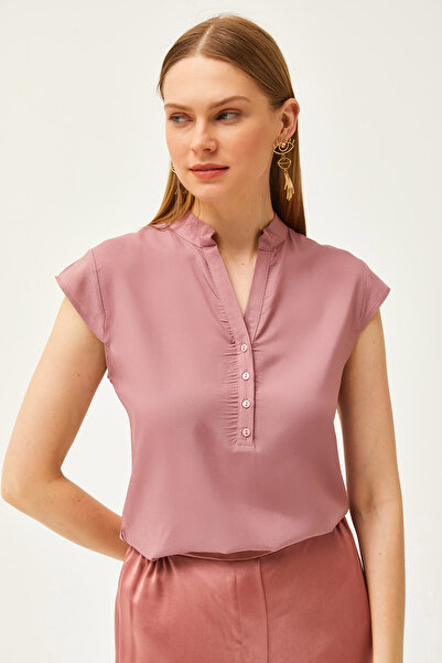 Olalook Γυναικεία Dusty Rose V-Neck με 4 κουμπιά μπλούζα βισκόζης BLZ-19000279