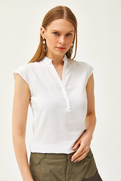 Olalook Women's Ecru V-Neck 4 Button Viscose Blouse BLZ-19000279