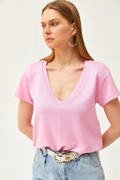Olalook Női Candy Pink Mély V nyakú, modális gombos póló TSH-19000773