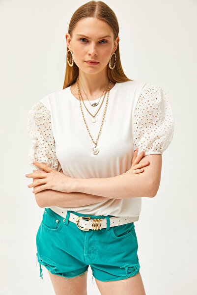 Olalook Kadın Ekru Kolu Balon Fisto Detaylı Örme Viskon Bluz BLZ-19002598