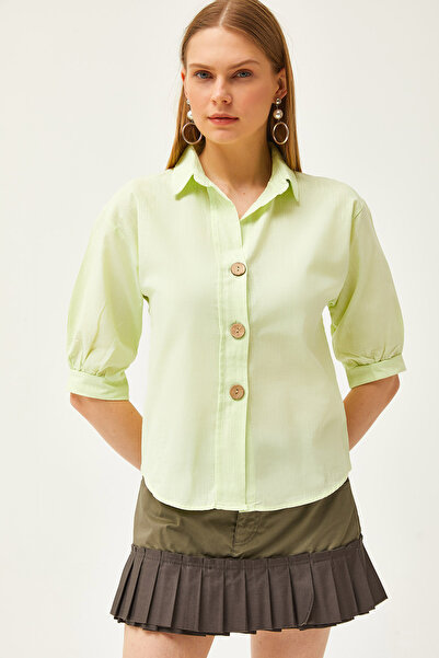 Olalook Kadın Açık Yeşil Ahşap Düğmeli Truvakar Kol Keten Gömlek GML-19001095