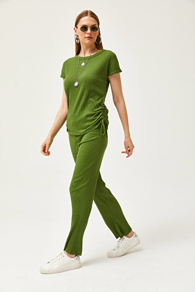 Olalook Women's Pistachio Green Side Gathered Blouse Palazzo Trousers Set TKM-19000196