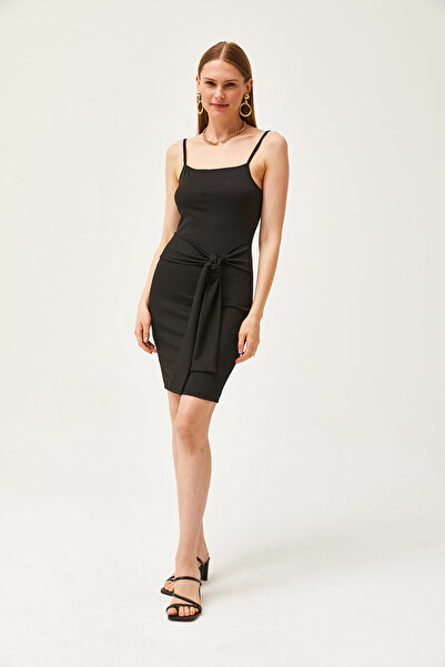 Olalook Kadın Siyah Askılı Beli Kuşak Detaylı Örme Elbise ELB-19002118