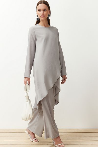 Trendyol Modest Szürke aszimmetrikus szövött tunika nadrág felső és alsó szett TCTSS24US00074