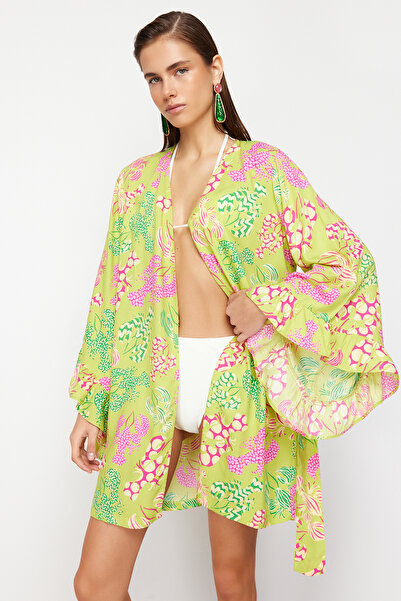 Trendyol Collection Mini Woven Beach Kimono - podvodní humří potisk s páskem a volánky TBESS24KM00043