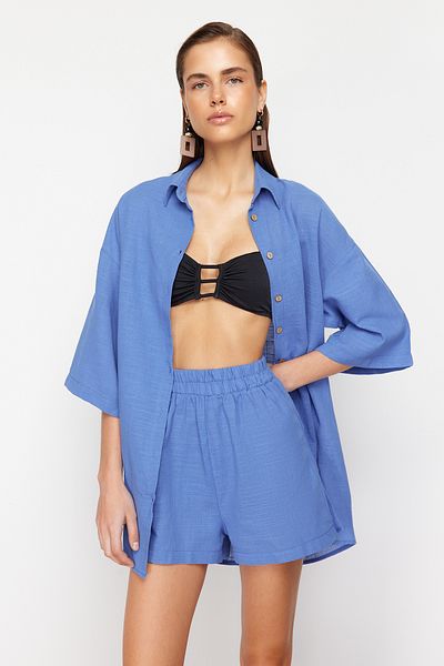 Trendyol Collection Vászonkeverék kék ingek és rövidnadrágok strandkészlet - TBESS24AU00042