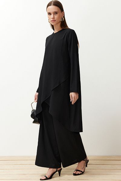 Trendyol Modest Black Asymmetrical Woven Tunic Trousers Top and Bottom Set TCTSS24US00074