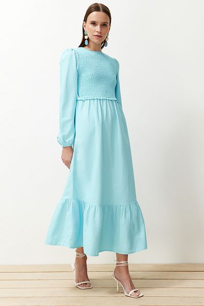 Trendyol Modest Tyrkysové tkané šaty TCTAW22EB0109