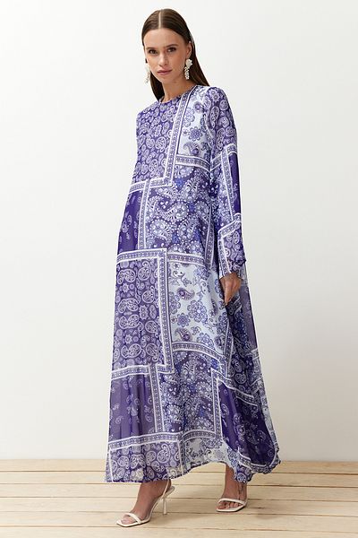 Trendyol Modest Blue Shawl Patterned Woven Lined Chiffon Dress TCTSS24EB00239