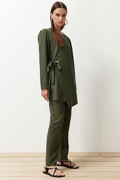 Trendyol Modest Khaki Bird Eye Detailed Woven Top and Bottom Set TCTSS24US00077