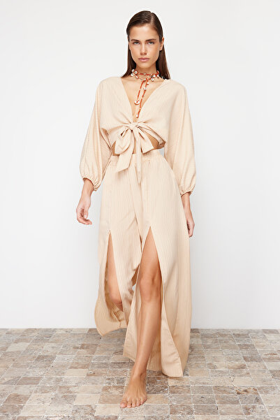 Trendyol Collection Beige Woven Slit Blouse Pants Set TBESS24AU00038
