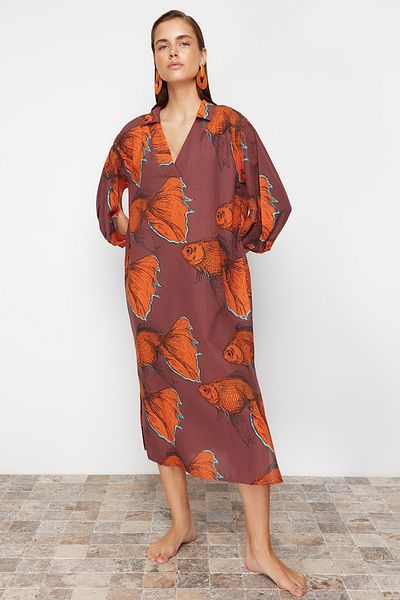 Trendyol Collection Halmintás széles szabású szőtt 100% pamut Midi strandruha TBESS22EL0009