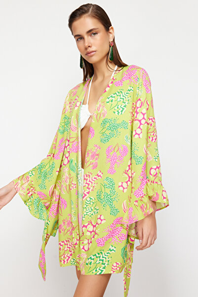 Trendyol Collection Mini Woven Beach Kimono - podvodní humří potisk s páskem a volánky TBESS24KM00043