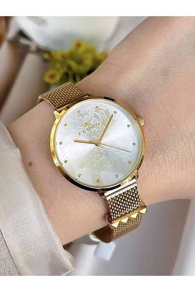 FERRO GoldSilver Straw Cord Colorfast 30 Meters Water Resistant Special Design Women's Wristwatch 21087