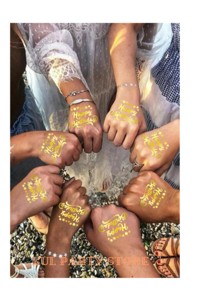 FOKUL Happy Birthday Yazılı Geçici Dövme Doğum Günü Partisi Geçici Dövme 10 Adet Yıldız Desenli Gold Dövme