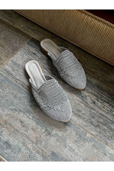 TRODONS Gray Knitted Straw Embroidered Women's Slippers