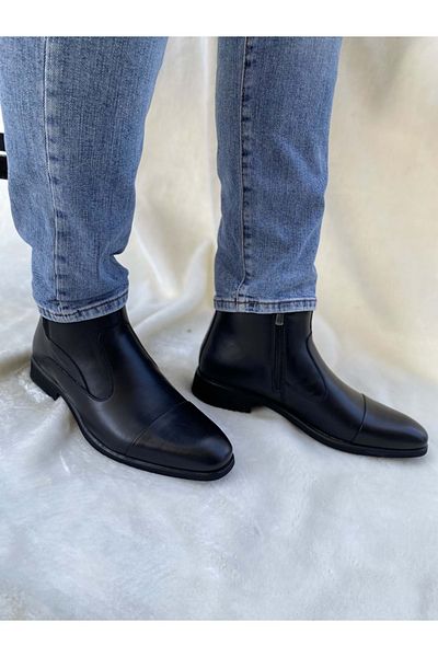 Burç Men's Black Boots - Real Leather, Side Zipper (02173)