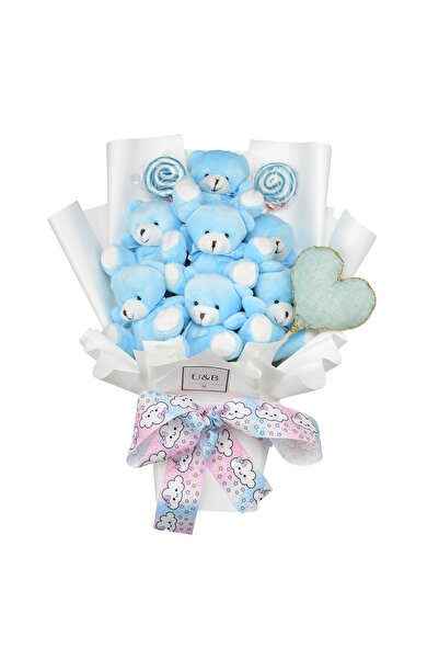 u&b teddy bear flowers Yenidoğan Hediye Mavi Bebek Kalpli Şekeri Ayıcık Buketi