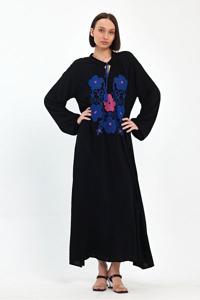 AYASOFYA OTANTIK Women's Black Cross Stitch Flower Embroidery Embroidered Ankles Elastic Balloon Sleeve Long Dress
