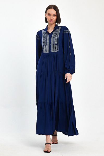 AYASOFYA OTANTIK Women's Navy Blue Ethnic Embroidery Detailed Elastic Ankles Balloon Sleeve Long Dress