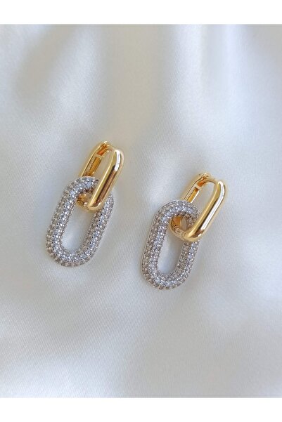 TAKIBOX Çift Katmanlı VIP Tasarım Taşlı Oval Küpe