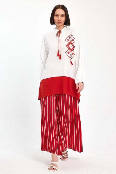 AYASOFYA OTANTIK Women's Red and White Digital Enik Patterned Placket Collar Loose Tunic Pants Set of 2