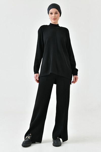 lovebox Modest Knitwear Fabric Oversize Black Sweater and High Waist Trousers Hijab Bottom-Top Knitwear Set 1070