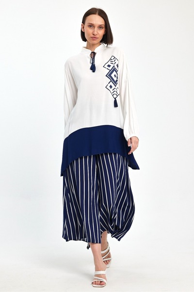 AYASOFYA OTANTIK طقم بنطال تونيك نسائي فضفاض منقوش باللون الأزرق الداكن والأب...