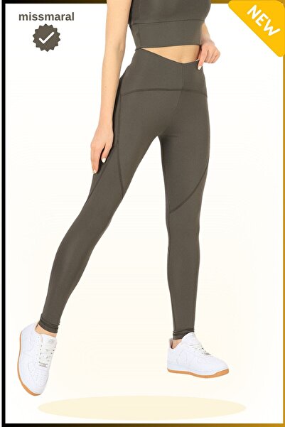 missmaral High Waist Recovery Slim Fit Leggings - Khaki Lycra, Flatlock Stitching Detail, Oslo 1090
