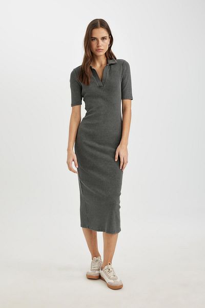 DeFacto Bodycon Polo s výstřihem, žebrovaná košilka Midi s krátkým rukávem C2893AX24SP