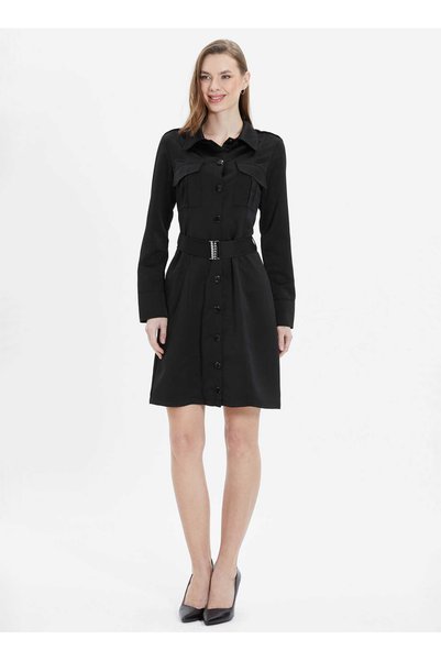 Selen Polo Yaka Düz Siyah Standart Kadın Elbise 24YSL7430