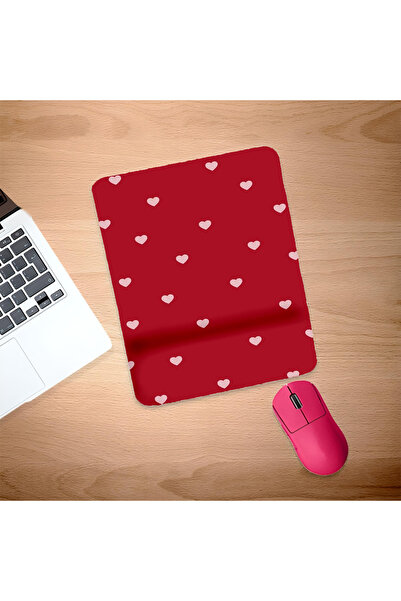 UcuruStore Kırmızı Üstüne Minik Pembe Kalpler Bilek Destekli Mouse Pad