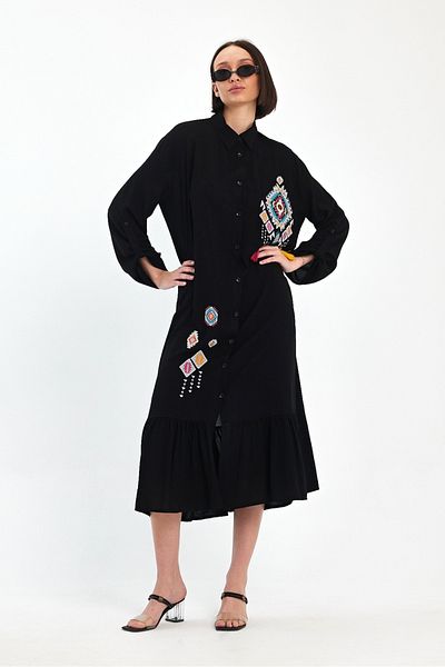 AYASOFYA OTANTIK Women's Black Ethnic Embroidery Embroidered Foldable Sleeve Shirt Dress