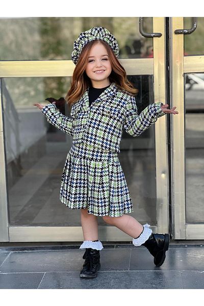 DUDOR KİDS GIRL'S PLAID PATTERNED SKIRT-JACKET-BLUZ-RESSAM HAT SET OF FOUR