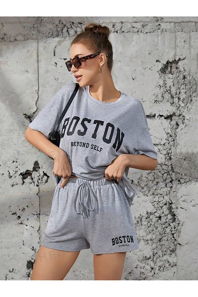 PALPİTO Γυναικείο σορτς σε γκρι Boston printed oversize