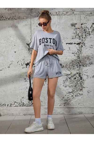 PALPİTO Women's Gray Boston Printed Oversize Shorts Set