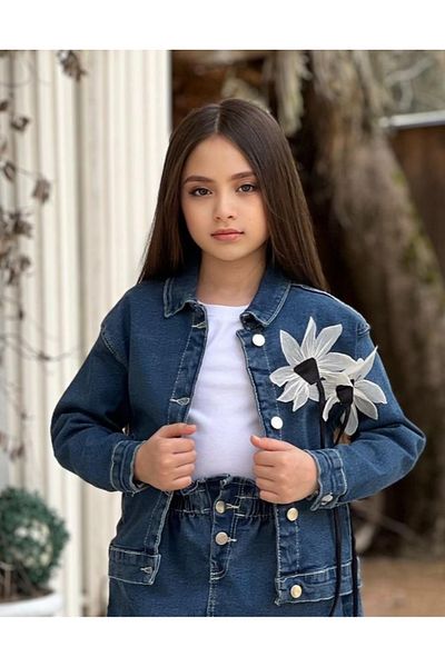 DUDOR KİDS Girl's Three-Dimensional Flower Accessory Denim Jacket-Jeans Jacket