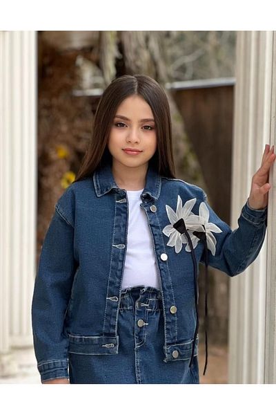 DUDOR KİDS Girl's Three-Dimensional Flower Accessory Denim Jacket-Jeans Jacket