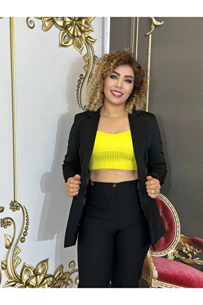 Yeşilmoda سترة من قماش الكريب مبطنة بأزرار عالية الجودة باللون الأسود