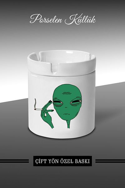 bymat Green Alien Thought Design Τασάκι - Πορσελάνινο Τασάκι - Επιτραπέζιο τασάκι *külbymX373