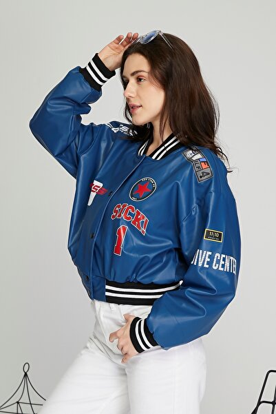 Black Level Jachetă de motociclist pentru femei, din piele, oversize, pentru motociclist - paltoane universitare imprimate, jachetă bomber