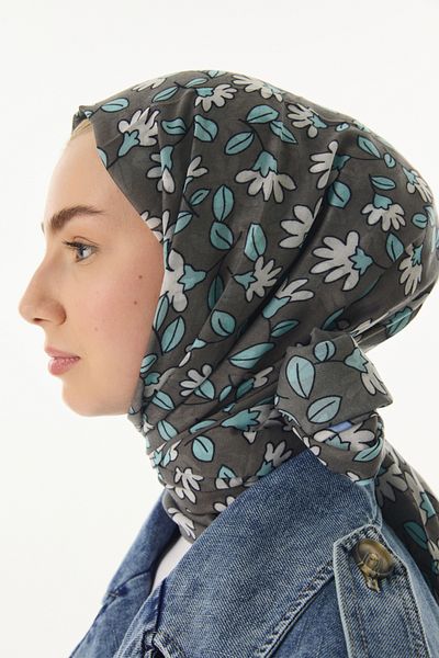 FENZA SCARF Γκρι βαμβακερό σάλι FARAH - Μοτίβο χαρακτήρων γραμμής