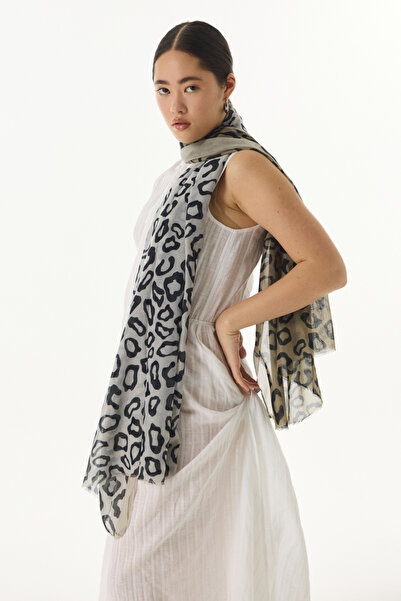 FENZA SCARF Ami̇ra Gradio Leopard Pattern Khaki-Water Green Cotton Shal